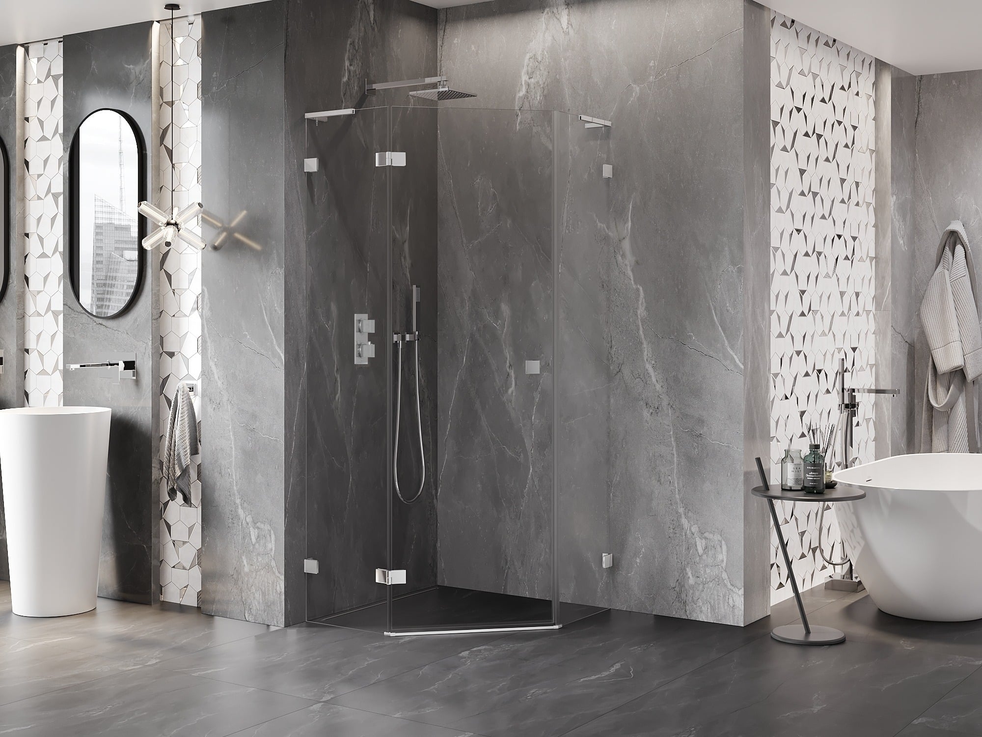 Szara łazienka inspirowana hotelem SPA z kabiną pięciokątną 